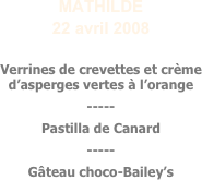 MATHILDE
22 avril 2008

Verrines de crevettes et crème d’asperges vertes à l’orange
-----
Pastilla de Canard
-----
Gâteau choco-Bailey’s